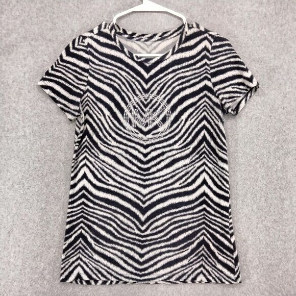 Michael Michael Kors Top Blouse Women Size Small Short Sleeve Zebra Logo Striped - Picture 1 of 11